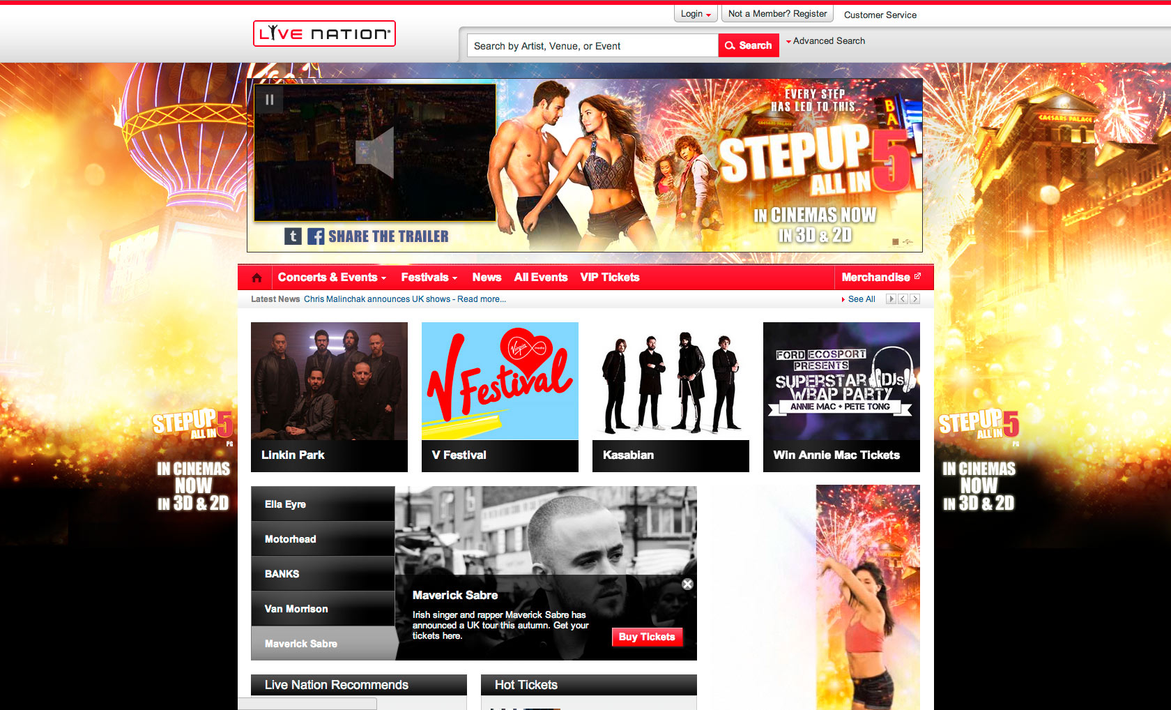 Live Nation homepage takeover